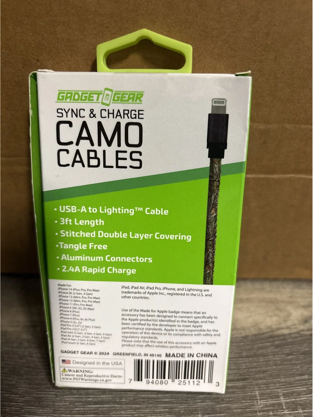 Gadget Gear 3ft Woodland Camo USB-A to apple Charging Cable for iPhone iPad iPod
